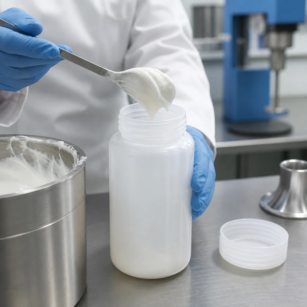 Laboratorieteknikern överför den krämiga vita substansen med en spatel till en 1000 ml HDPE-laboratorieflaska med vid hals