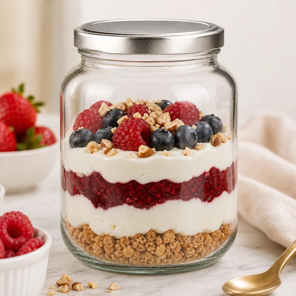 Oval burk 370 ml med lock BasicSeal silver UNiTWIST 370ml Ovalglas BasicSeal als stylischer Dessertbehälter für geschichtetes Beerentrifle mit Joghurt und Nüssen