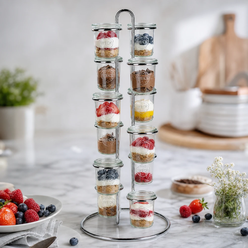 Serveringsställ Vertico12 för 12 WECK Krossade glasögon Dessertpresentation med WECK Vertico12 serveringsställ visar 12 burkar med yoghurt, bär och granola på köksbänken