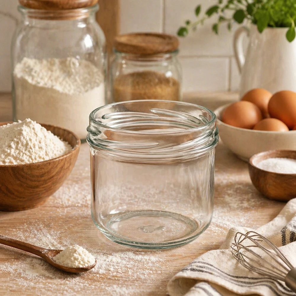 UNiTWIST Sturz260 rund burk 260ml TO82 tom konserveringsburk på köksbord med bakingredienser mjöl ägg