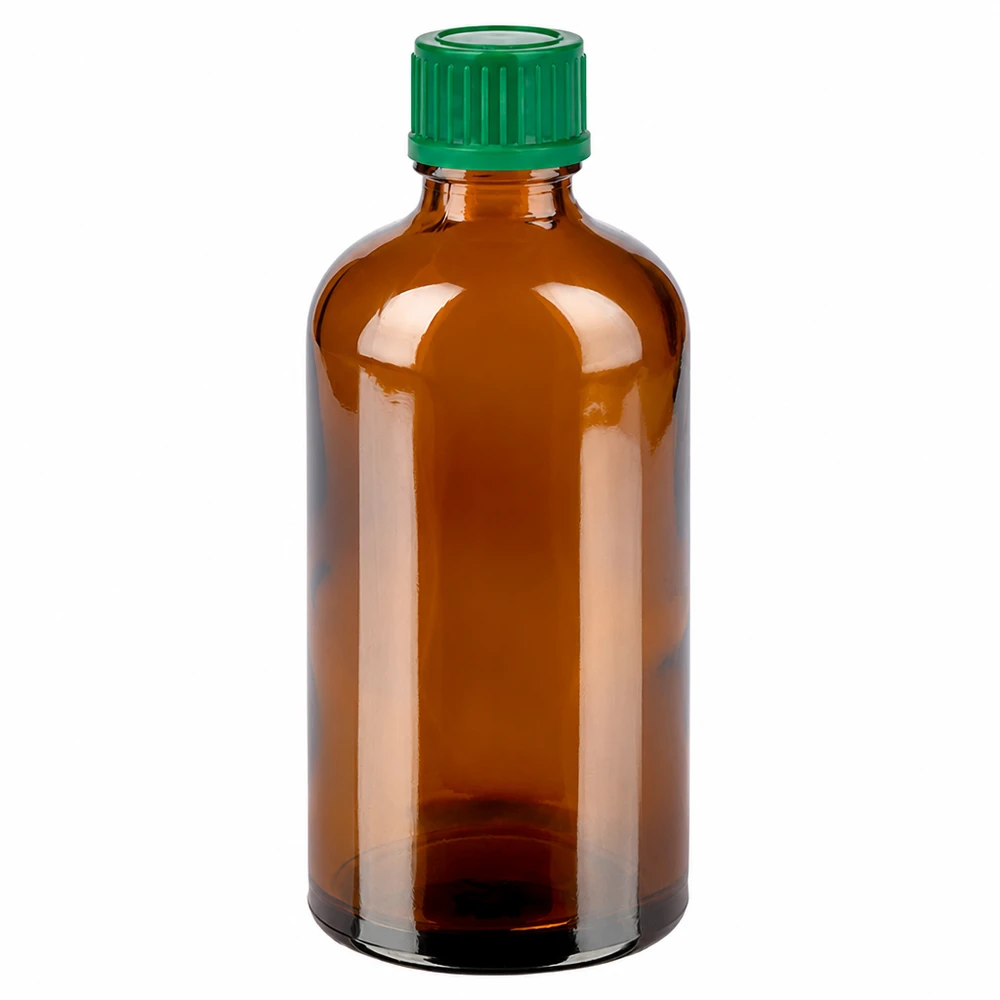 100 ml flaska 11 mm skruvkork grön Standard BrownLine UT18/100 100 ml bärnstensfärgad glasflaska med grönt skruvlock för farmaceutiska tillämpningar