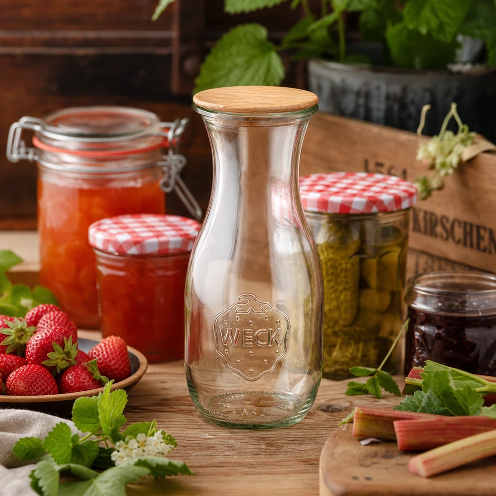 WECK glasflaska 530ml RR60 med trälock i rustikt kök bredvid sylt jordgubbar och konserveringsburkar