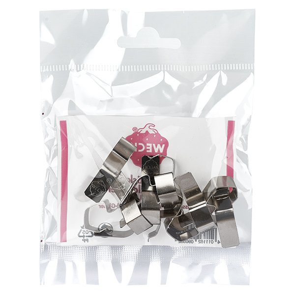 Original WECK-klämmor (förpackning(ar) med 12) WECK klämmor 12 delar rostfritt stål synliga i öppnad förpackning Konserveringsklämmor för burkar med rund kant Original
