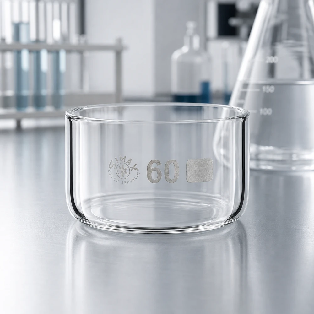 Tom Simax-kristalliseringsskål, 60 ml, borosilikatglas, cylindrisk, ø60 mm, på laboratoriebänken