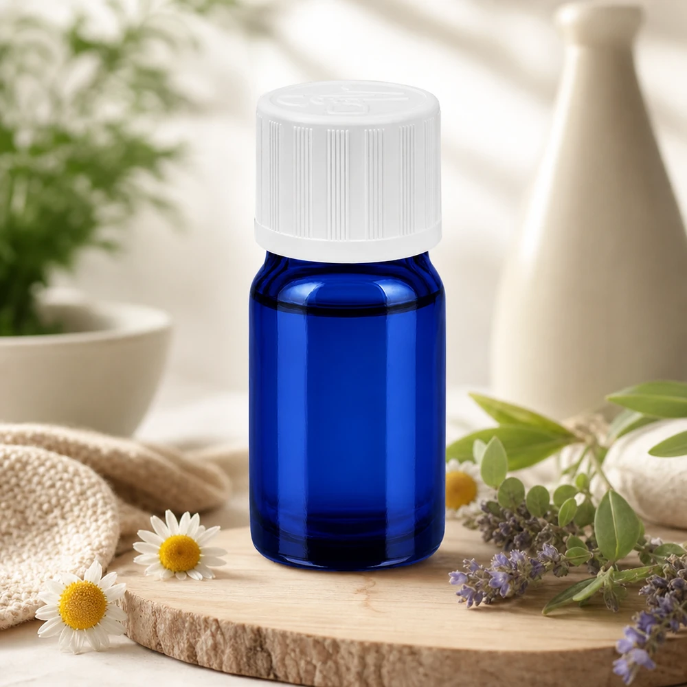 Liten 5 ml glasflaska med UT18/5-gänga, idealisk för eteriska oljor och smakprover