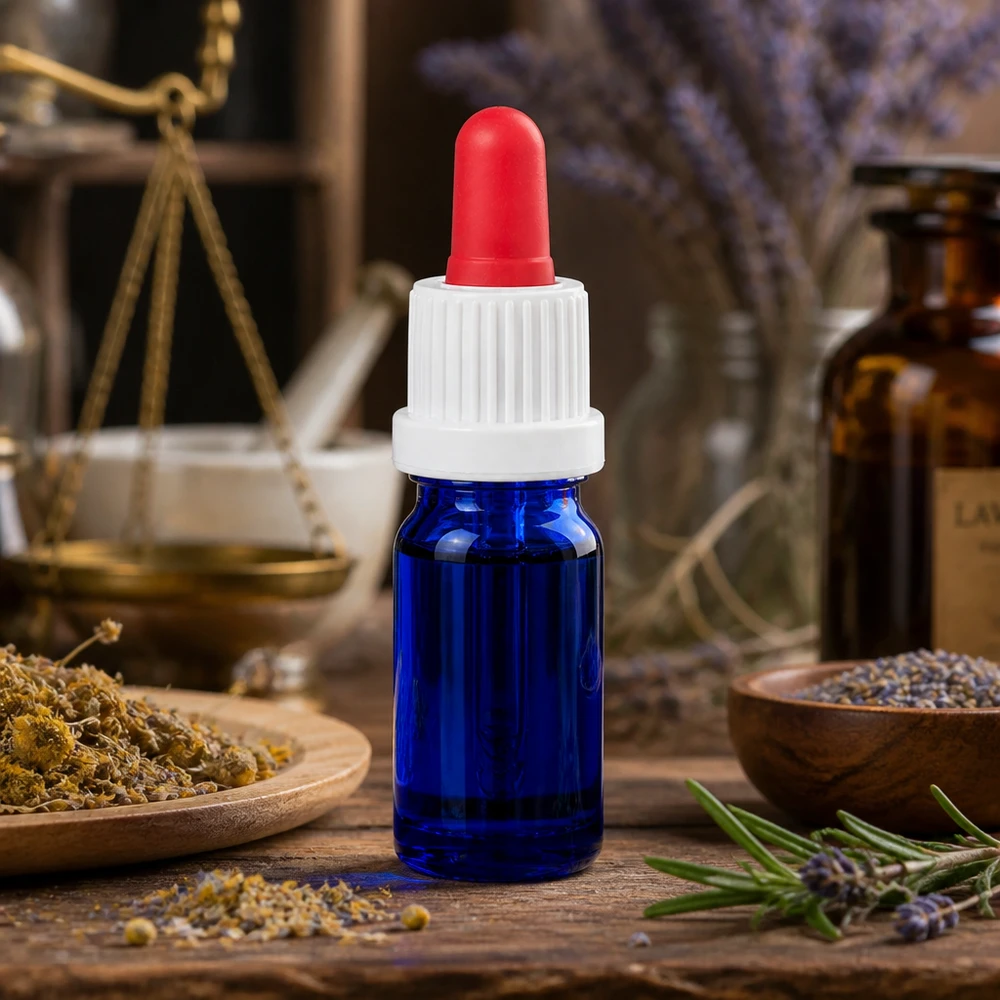 5ml pipettflaska vit/röd med säkerhetsförslutning BlueLine UT18/5 Blå 5 ml pipettflaska med vitt skruvlock och röd pipettspets för aromaterapi
