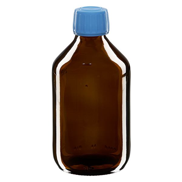 250 ml medicinflaska brun, blått lock med säkerhetsring ApoGlas 250 ml medicinflaska brun, blått lock med säkerhetsring ApoGlas