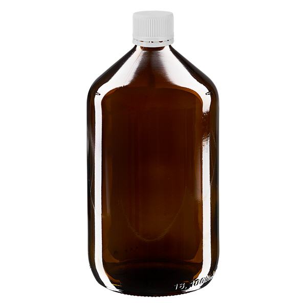1000 ml medicinflaska med brunt, vitt lock och säkerhetsring ApoGlas 1000 ml medicinflaska med brunt, vitt lock och säkerhetsring ApoGlas