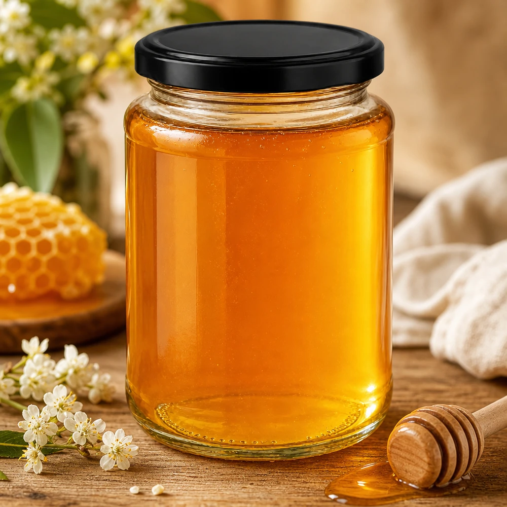 382ml rund burk BasicSeal svart fylld med honung honungsburk honungskaka blommor träsked naturlig