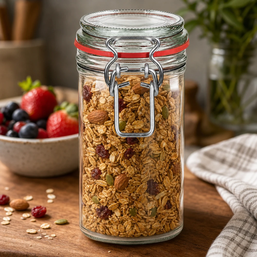 272 ml förvaringsburk med svängbart lock fylld med müsli och nötter på träbord bredvid färska bär