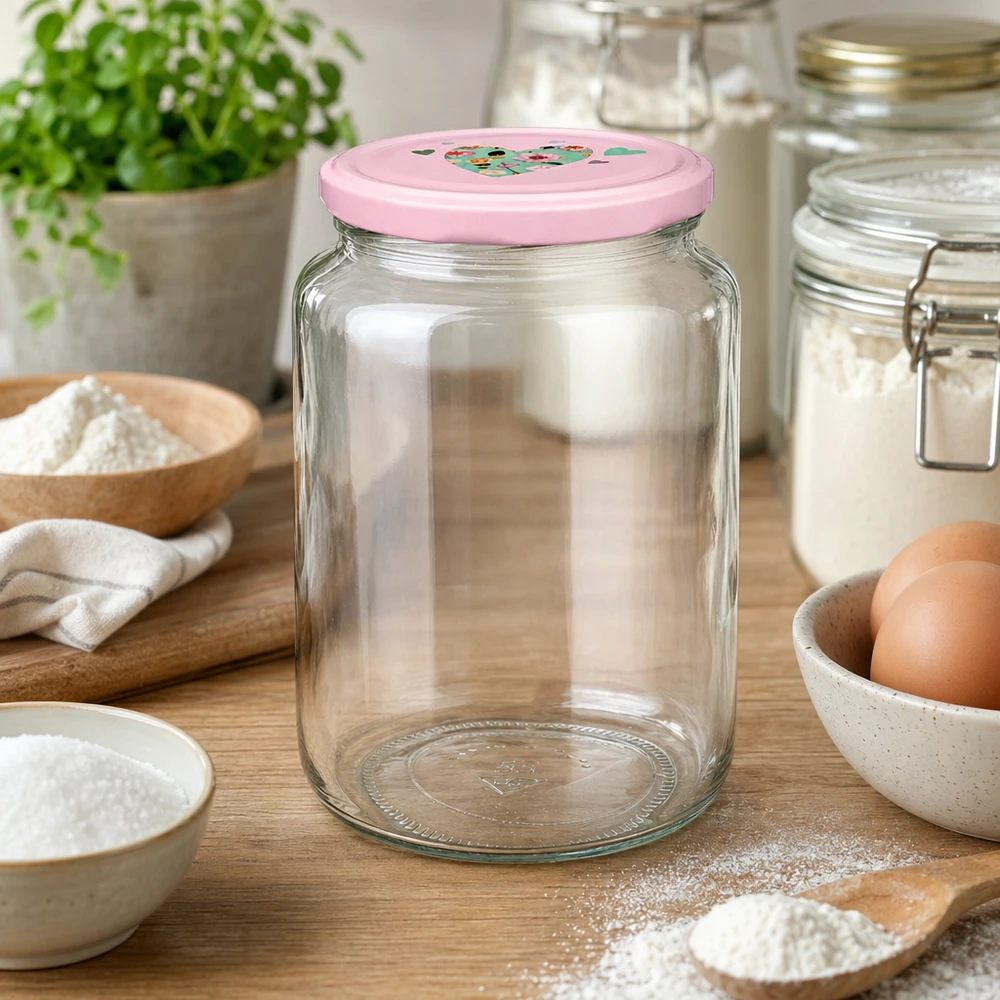 795 ml rund burk + BasicSeal-lock hjärtrosa UNiTWIST Leeres Rundglas 795ml mit rosa BasicSeal Deckel in Küchenszenerie zwischen Backzutaten Mehl und Eiern auf Holzbrett