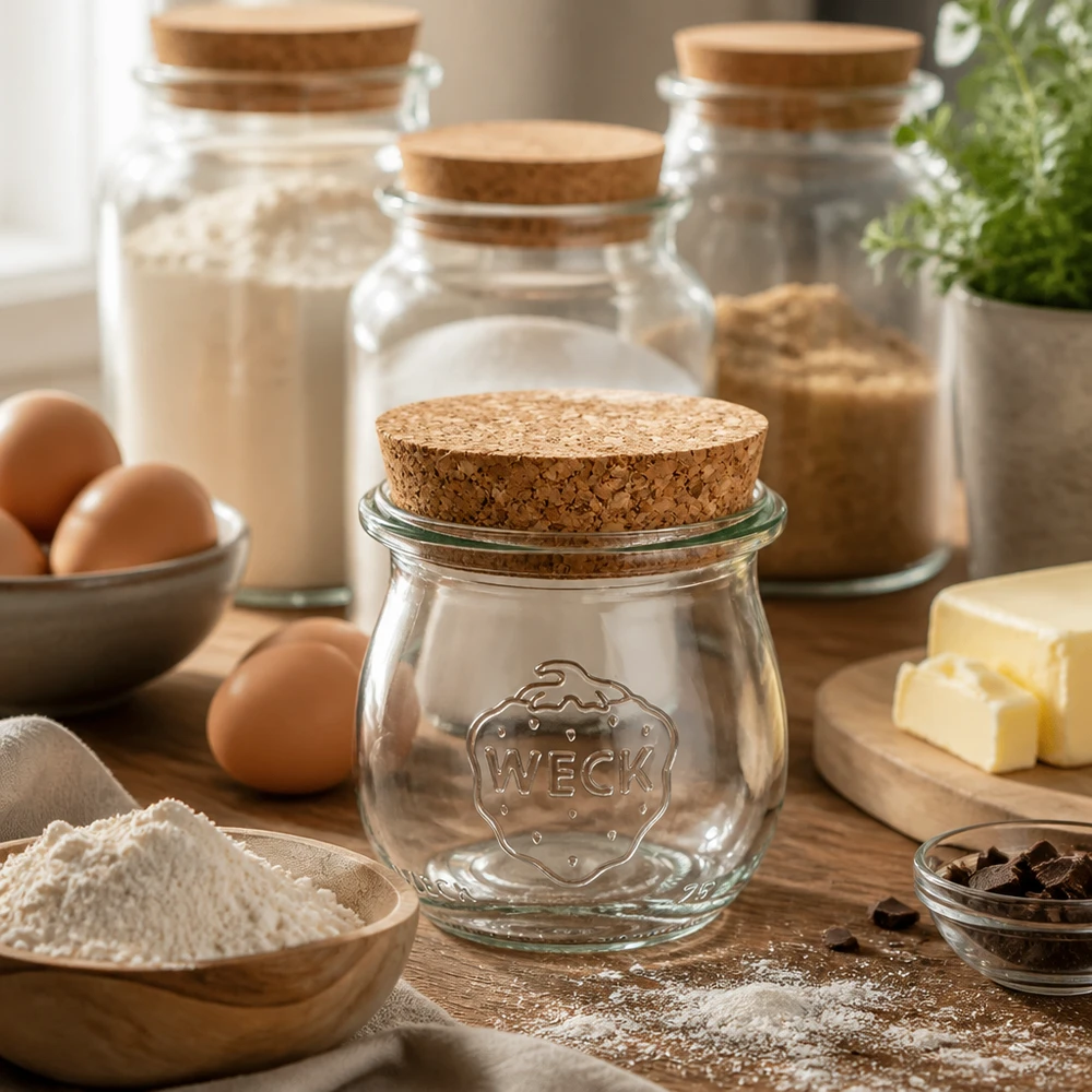 75ml tulpanburk WECK RR40 med kork naturell WECK tulpanburk 75ml RR40 med korklock i rustik köksscen med ägg, mjöl, smör och bakingredienser