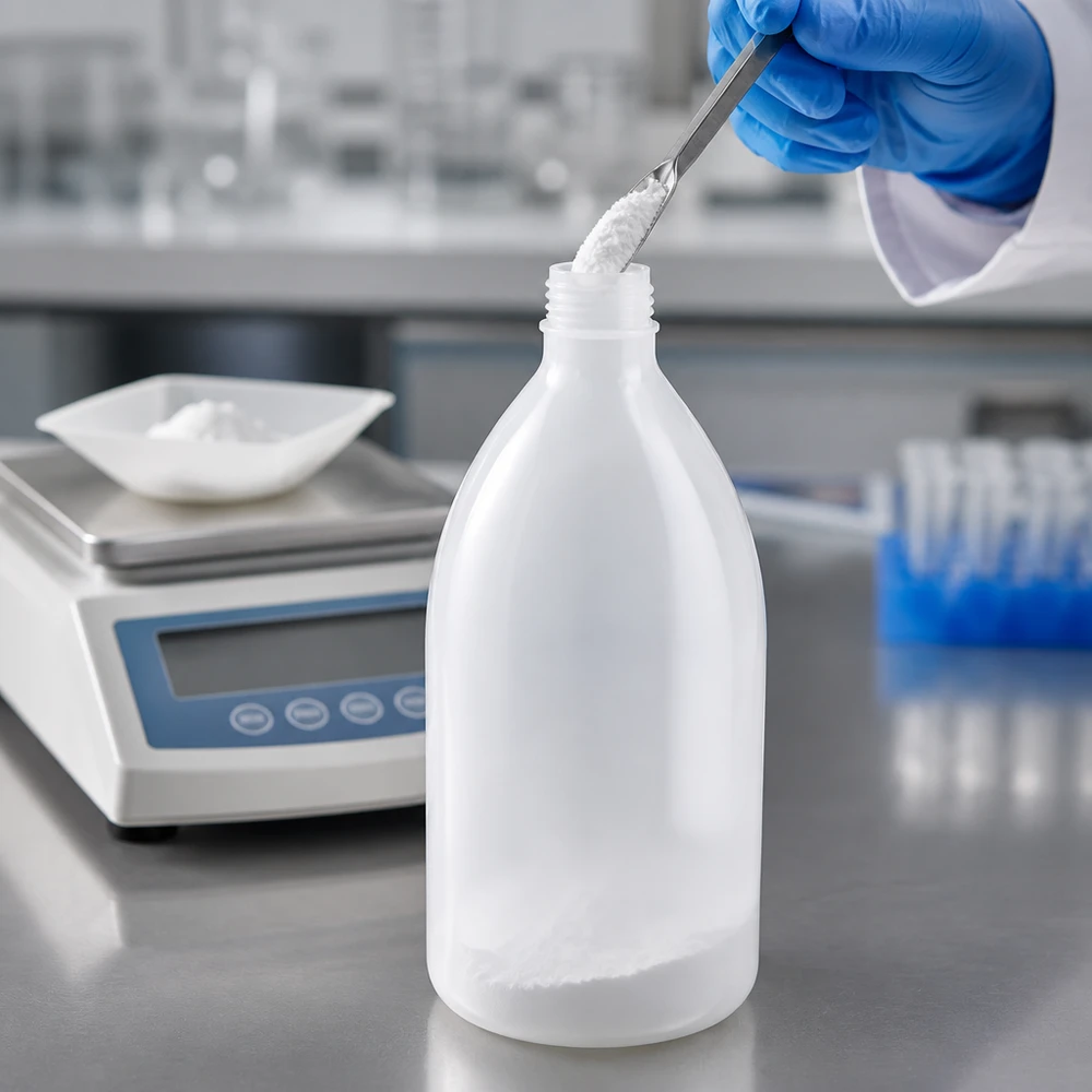 1000ml laboratorieflaska med smal hals utan lock 1000 ml laboratorieflaska med smal hals utan lock vid påfyllning av vitt pulver i laboratoriet