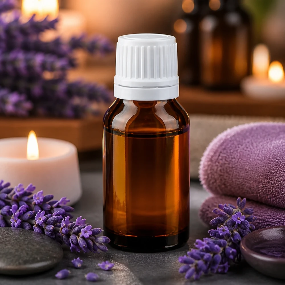 Apoteksflaska brun 15ml skruvkork vit med manipuleringssäker förslutning Apoteksflaska, 15 ml, brun med vitt skruvlock, bredvid lavendelblommor och ljus
