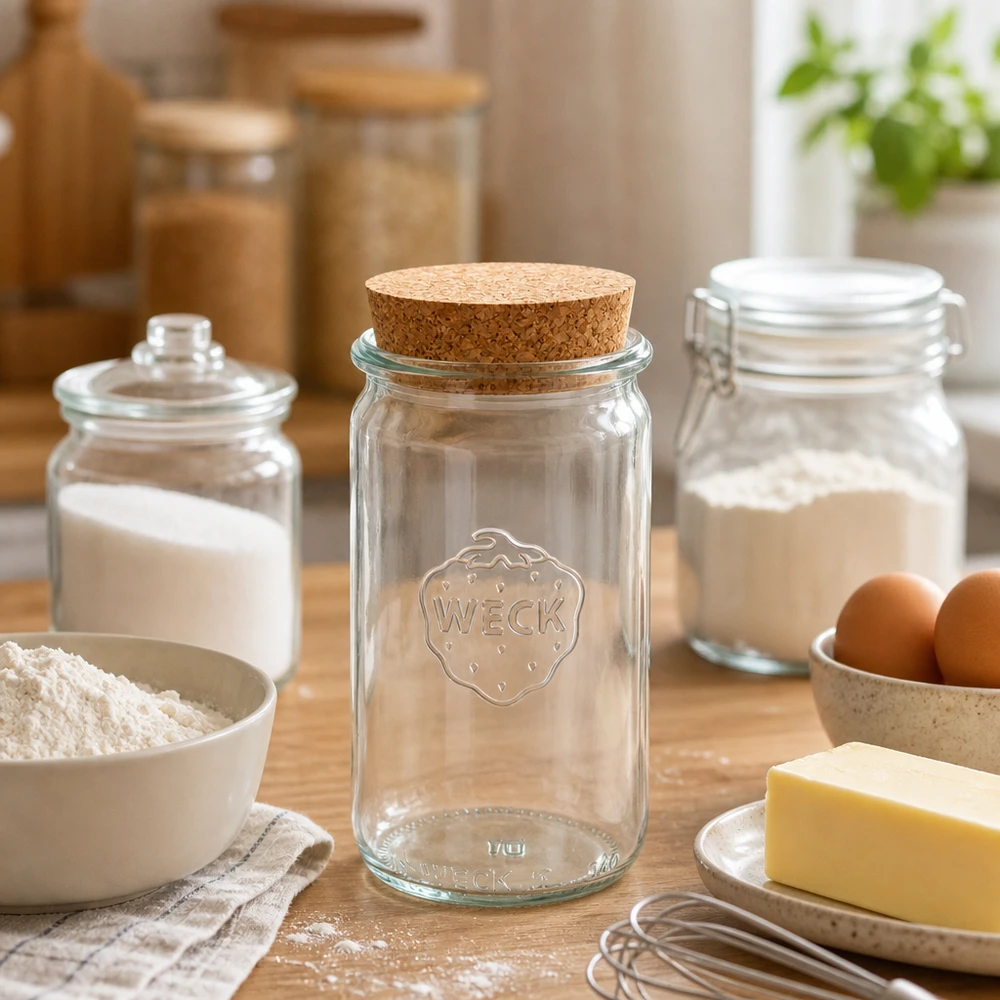 WECK konserveringsburk 340ml RR60 med kork mellan bakingredienser mjöl smör ägg som en praktisk köksförvaringsburk
