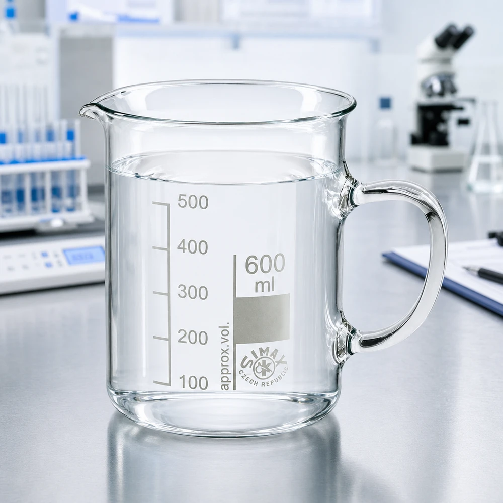 Klar bägare på 600 ml med handtag från Simax i Tjeckien på ett laboratoriebord med mikroskop