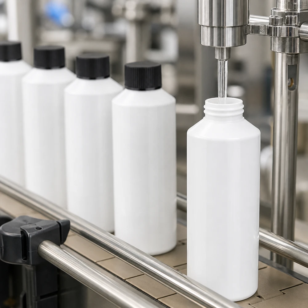 En industriell tappningsanläggning fyller vita 100 ml HDPE-apotekflaskor med svarta skruvkorkar