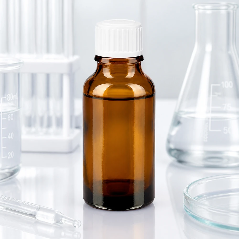 Apoteksflaska brun 20ml skruvlock vit standard Brunglasflaska för apotek, 20 ml, med vit SV STD 11 mm i laboratoriet mellan en Erlenmeyerkolv och ett bägarglas