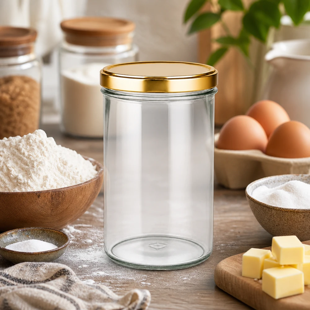 Muggar 277 ml med lock BasicSeal guld UNiTWIST 277ml glasburk med guldlock i kök med bakingredienser mjöl ägg smör som förvaringsburk för bakning