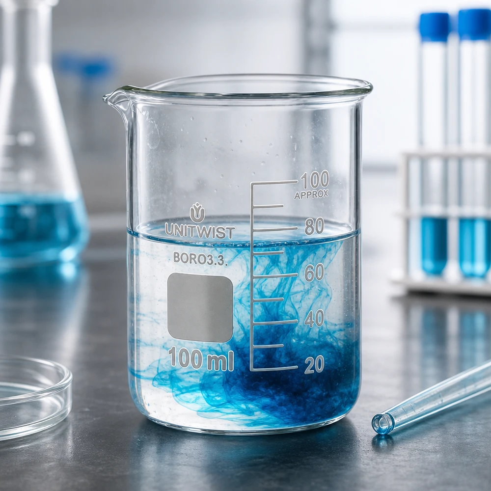Bägare 100ml borosilikat, lågformad UNiTWIST Genomskinligt laboratoriebägareglas, 100 ml, med blå, diffunderande vätska på en metallyta