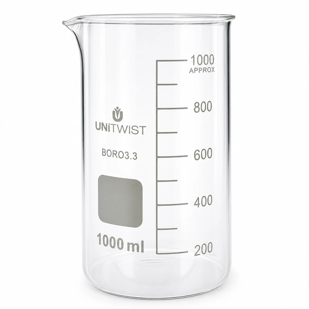 Bägare 1000ml borosilikat, högformad UNiTWIST 1000 ml högt bägarglas av borosilikatglas från UNITWIST med milliliterskala upp till 1000 ml