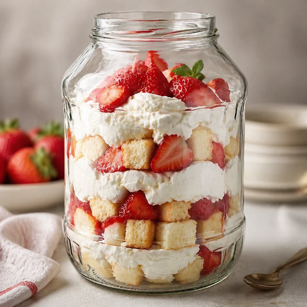 2650ml rund burk utan lock (TO100) UNiTWIST UNiTWIST Runda2650 tumlare 2650ml med skiktad dessert av jordgubbar, grädde och tårtbitar TO100 gängat dessertglas