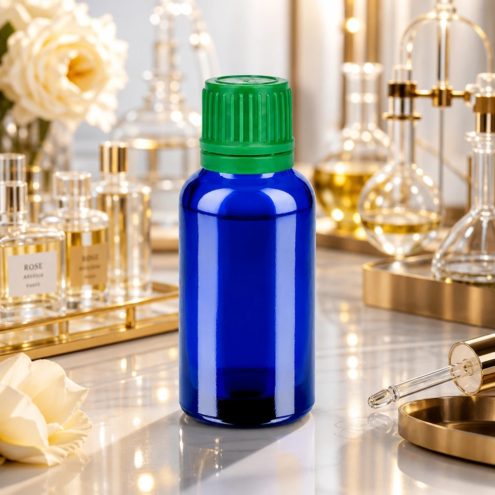 30 ml apoteksflaska av koboltglas av hög kvalitet med grönt SV-lock UT18/30