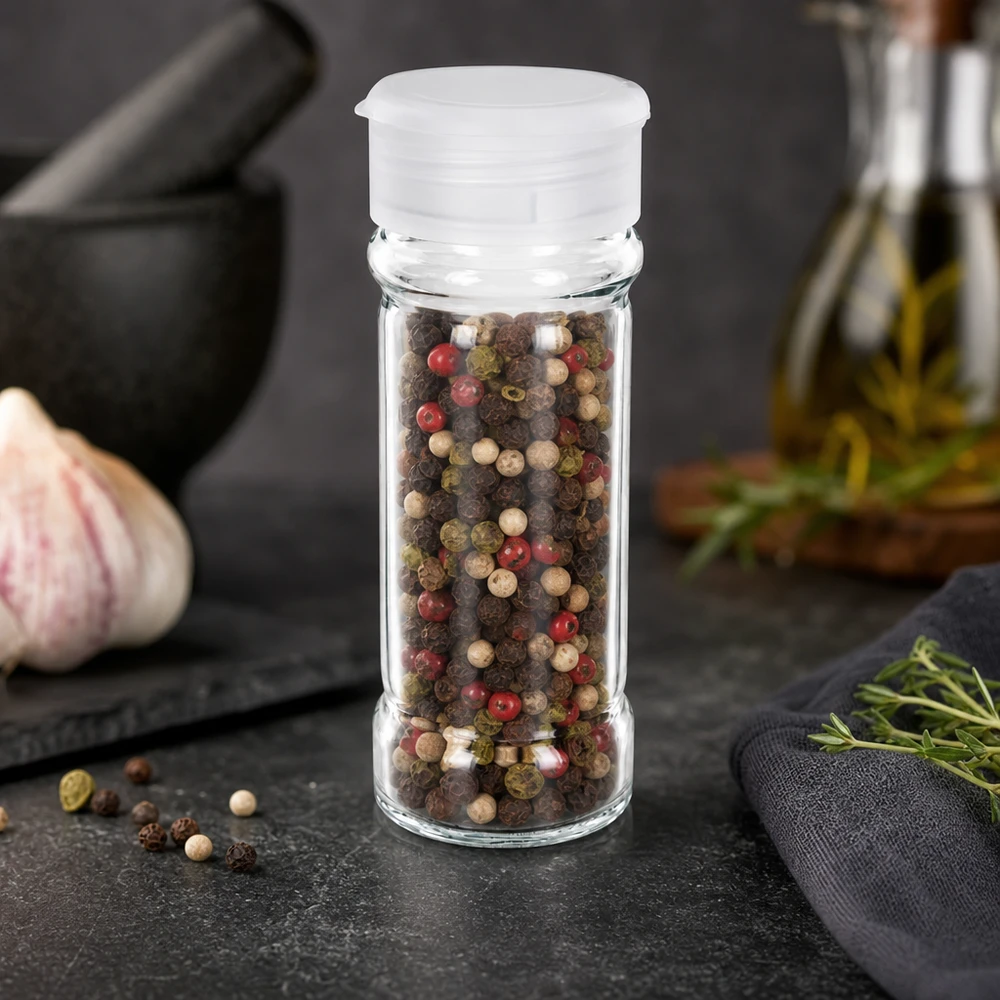 Salt-/kryddburk 100 ml med ströare, vit Genomskinligt kryddglas, 100 ml, med vitt strölock, fyllt med färgglada pepparkorn