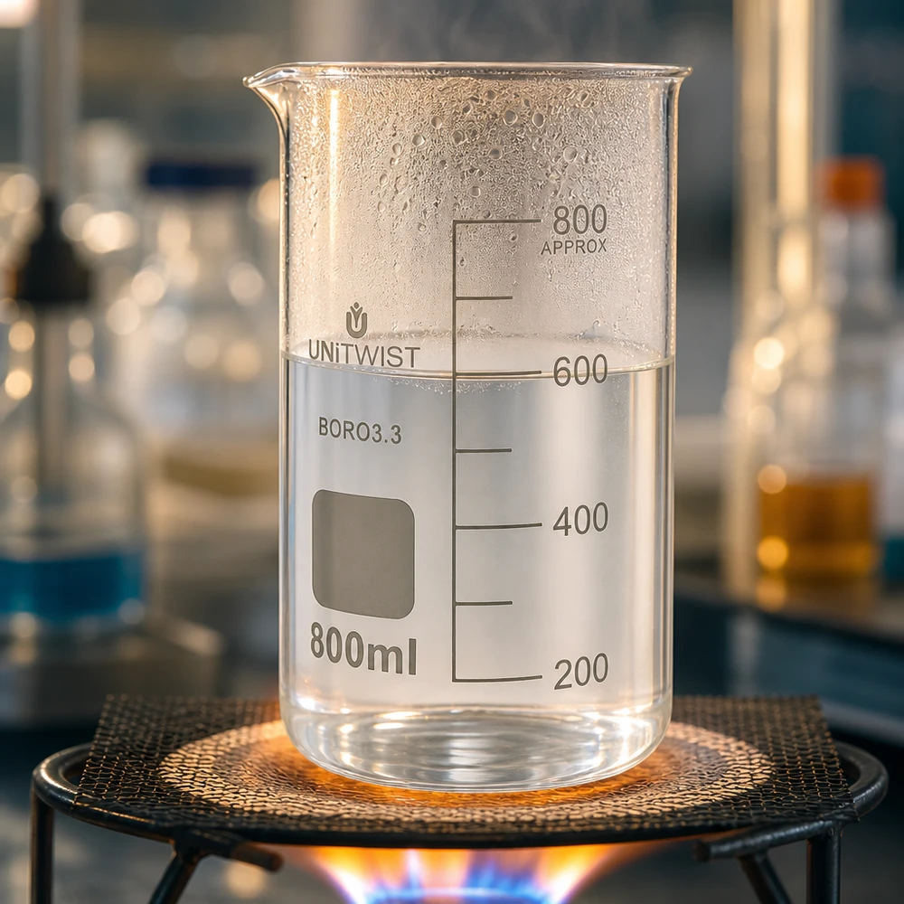 UNITWIST bägarglas 800 ml, borosilikatglas, hög form, uppvärmt på gasbrännare med klar vätska