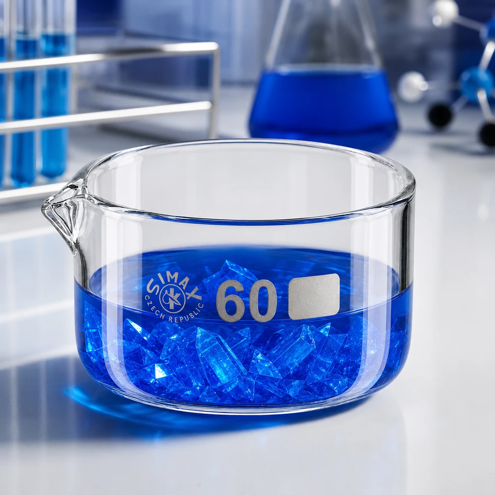 Simax kristalliseringsskål 60 ml borosilikatglas blå kristaller laboratorieskål cylindrisk platt transparent