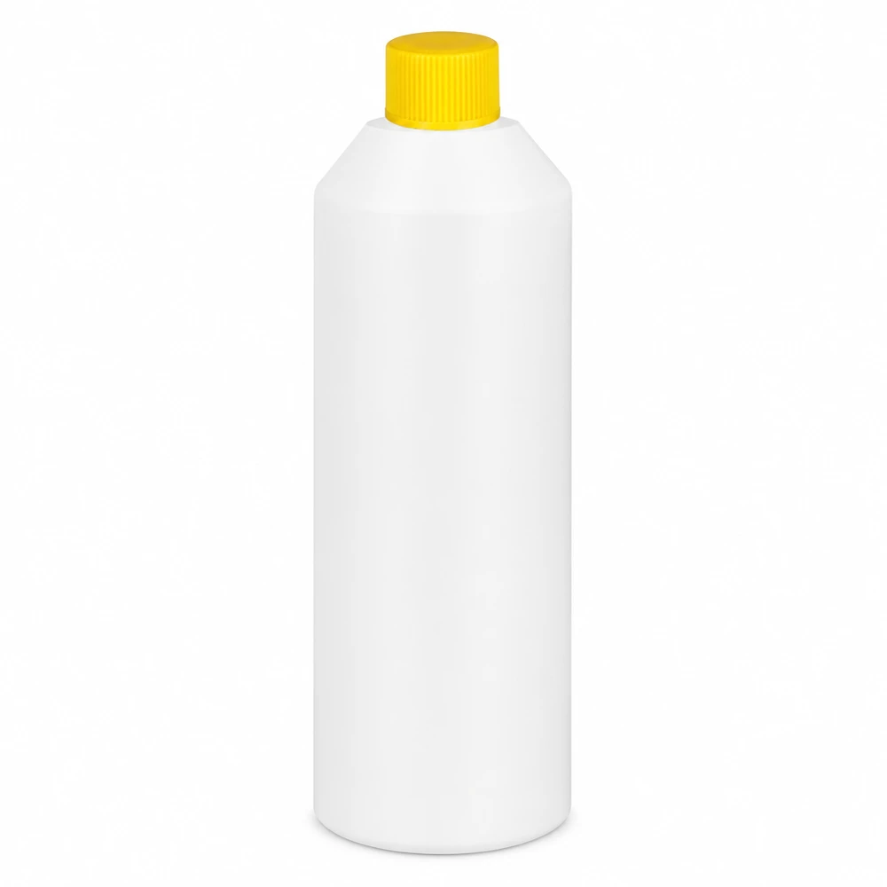 Apoteksflaska HDPE 250ml vit, med gult skruvlock Vit HDPE-apotekflaska, 250 ml, med gult skruvlock