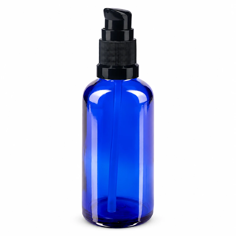 Apoteksflaska blå 50ml pumpkork svart standard 50 ml blå glasflaska med svart pump för apotek och kosmetika