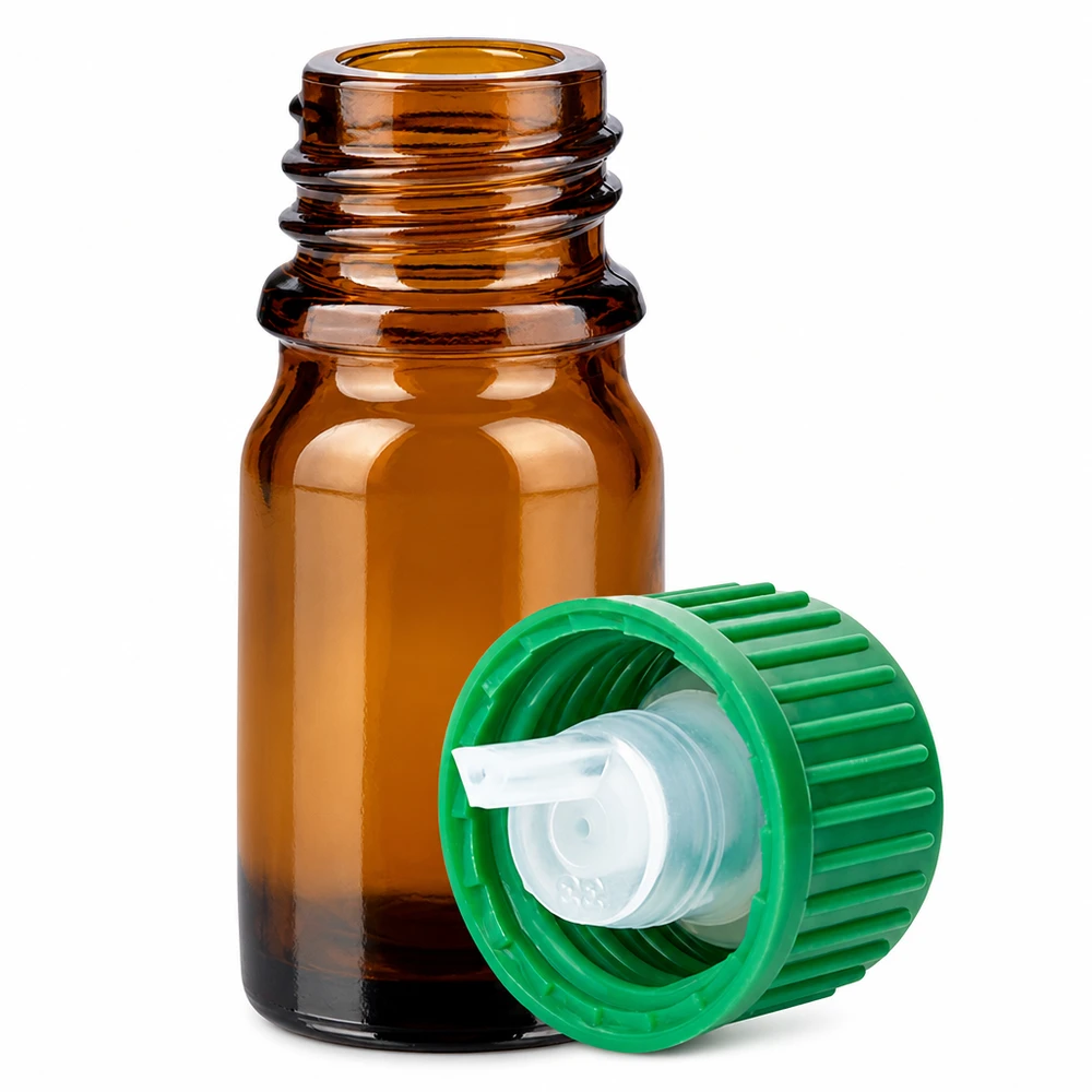 5ml Droppflaska 0,8mm grön standardförslutning BrownLine UT18/5 Brun glasflaska 5 ml med 0,8 mm droppinsats och grönt skruvlock för aromaterapi