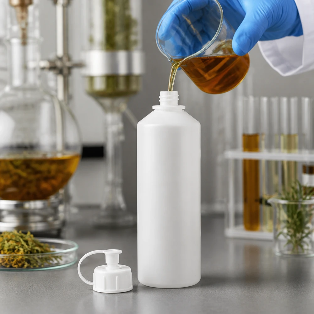 Apoteksflaska HDPE 100ml vit med spraylock En vit plastflaska på 100 ml fylls med ett bärnstensfärgat växtextrakt från ett bägarglas