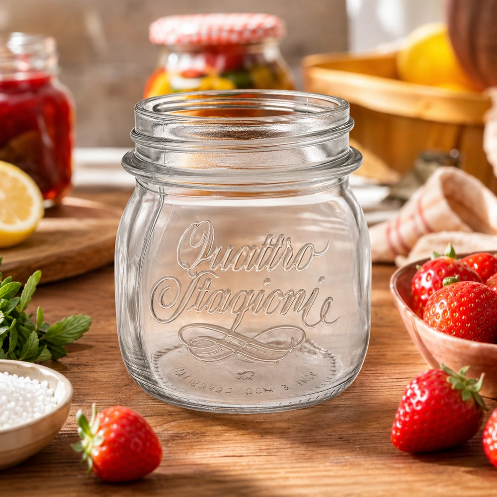 250ml runt glas "Quattro Stagioni" QS70mm 250 ml Quattro Stagioni konserveringsburk på ett träbord med färska jordgubbar och köksredskap för konservering