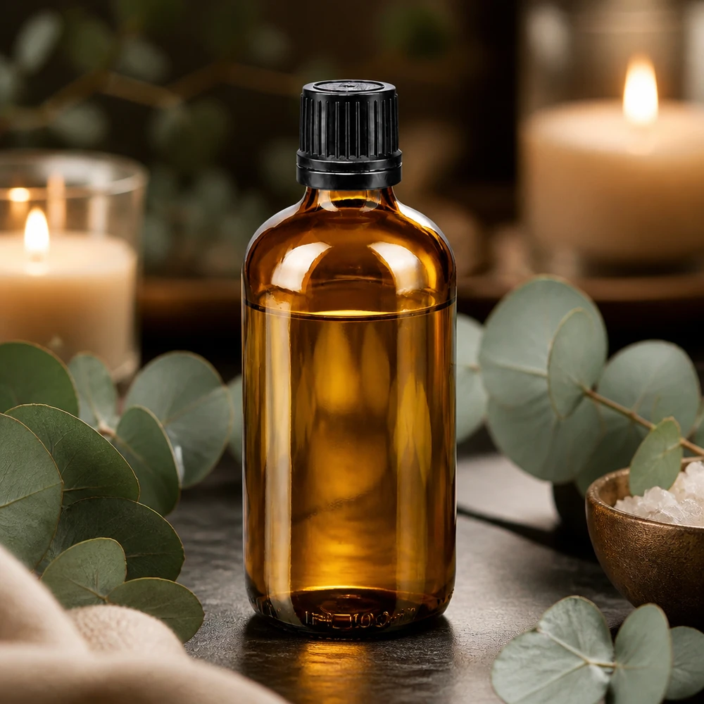 100 ml droppflaska i brunt glas med svart OV-lock på en spa-bakgrund med eukalyptus