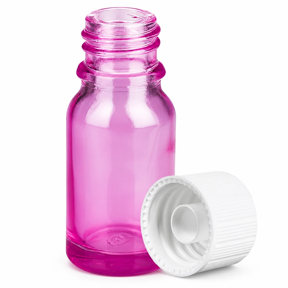 Liten 10 ml violett glasflaska med vitt lock, idealisk för aromaterapi och naturkosmetik