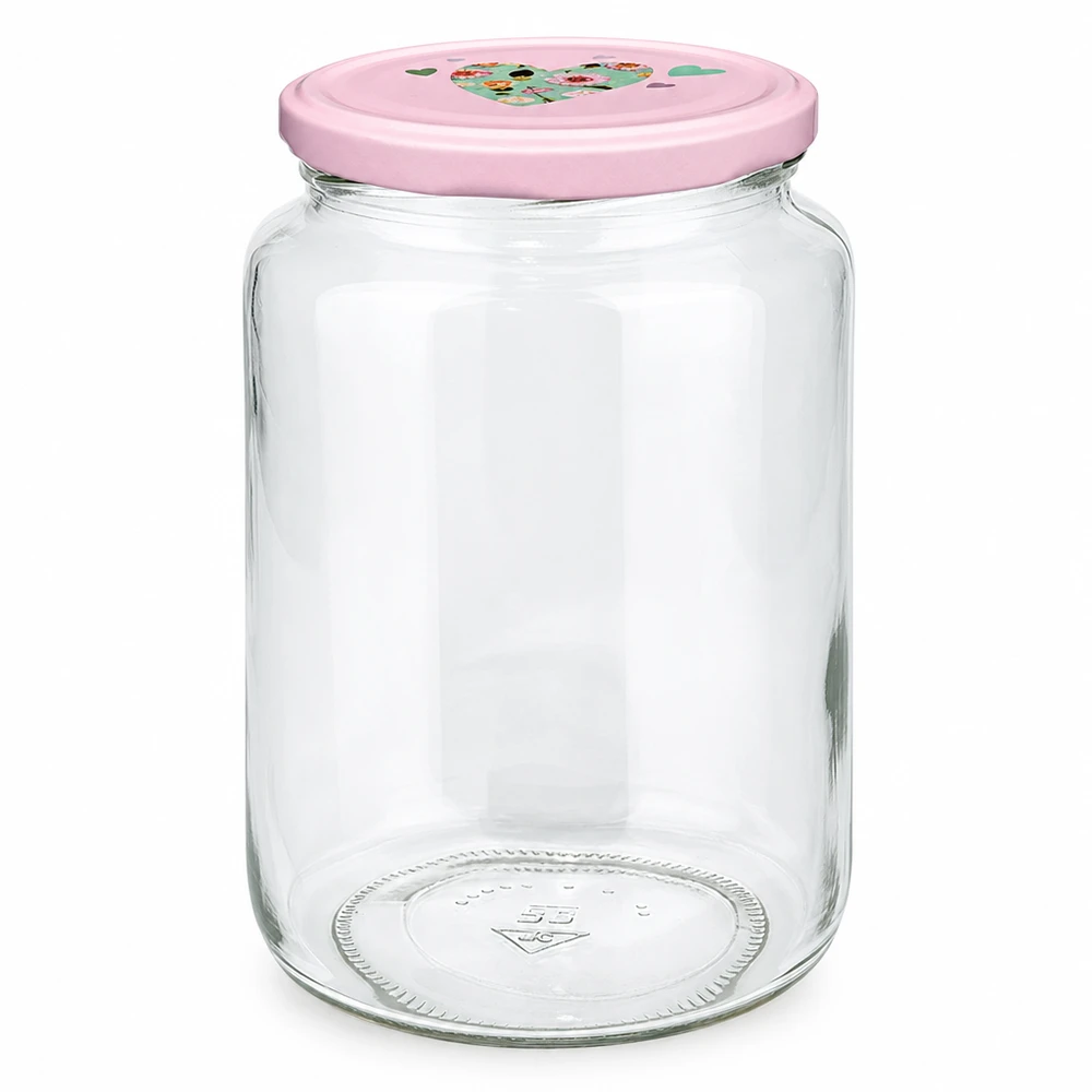 795 ml rund burk + BasicSeal-lock hjärtrosa UNiTWIST Rundglas 795ml mit rosa BasicSeal Deckel Herz-Motiv Einmachglas Vorratsglas mit Twist-Off Verschluss leer