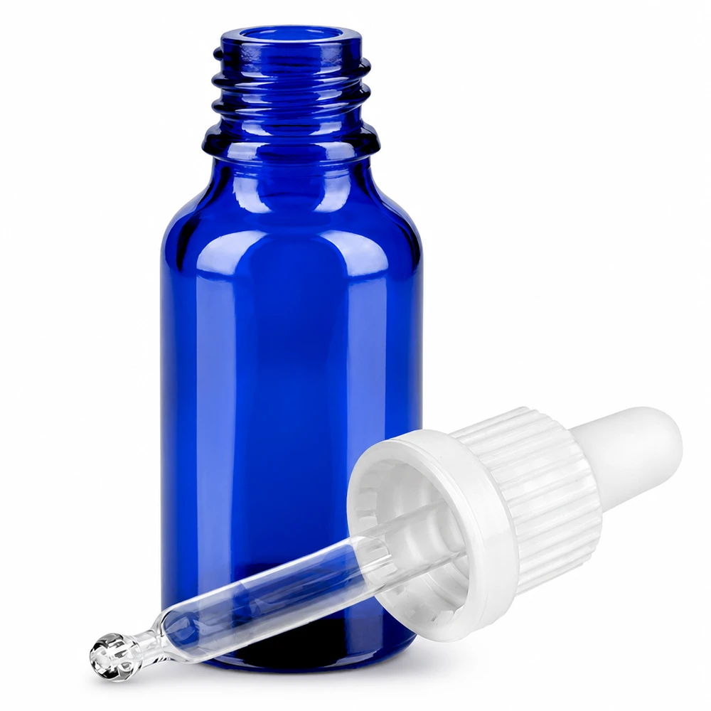 20 ml pipettflaska vit med säkerhetsförslutning BlueLine UT18/20 Blå glasflaska 20ml med droppipett för eteriska oljor och kosmetika