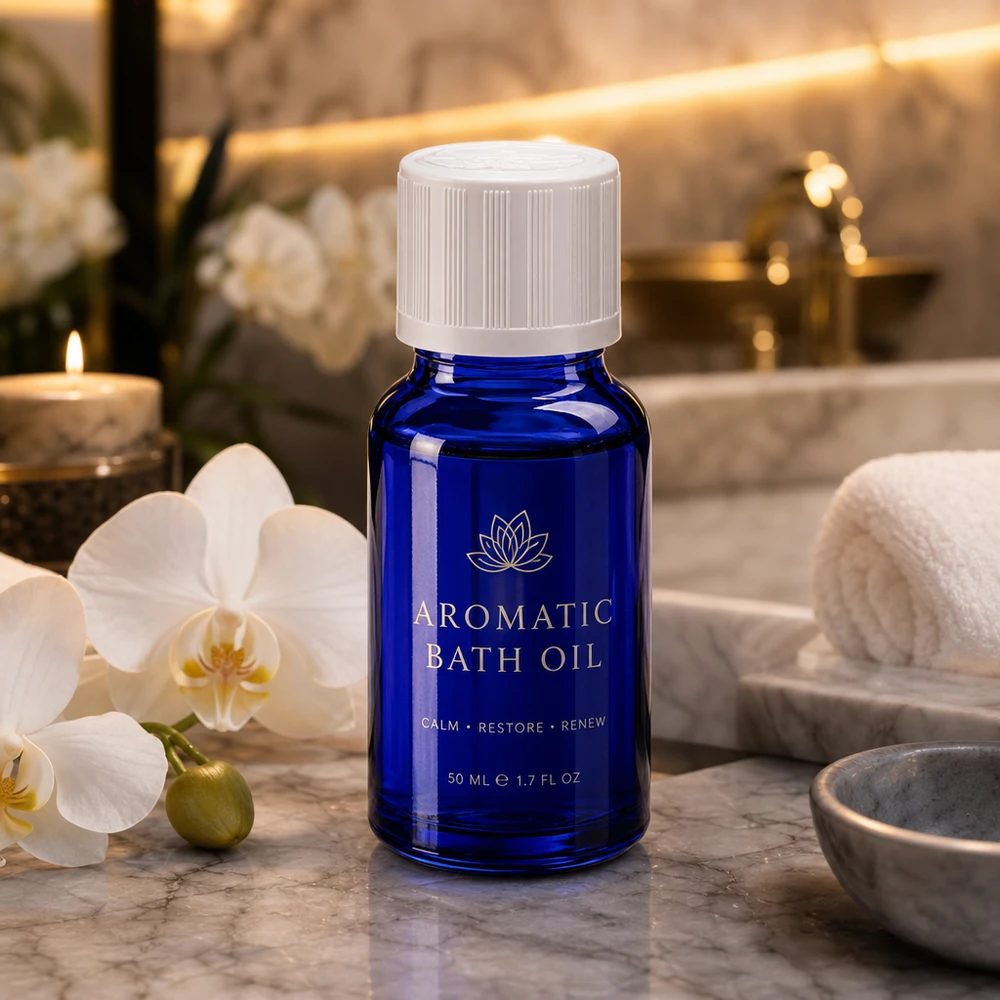 Apoteksflaska blå 10ml dropplock vit barnskyddande standard En 50 ml blå flaska med aromolja med vitt barnsäkert lock på en marmoryta bredvid en orkidé