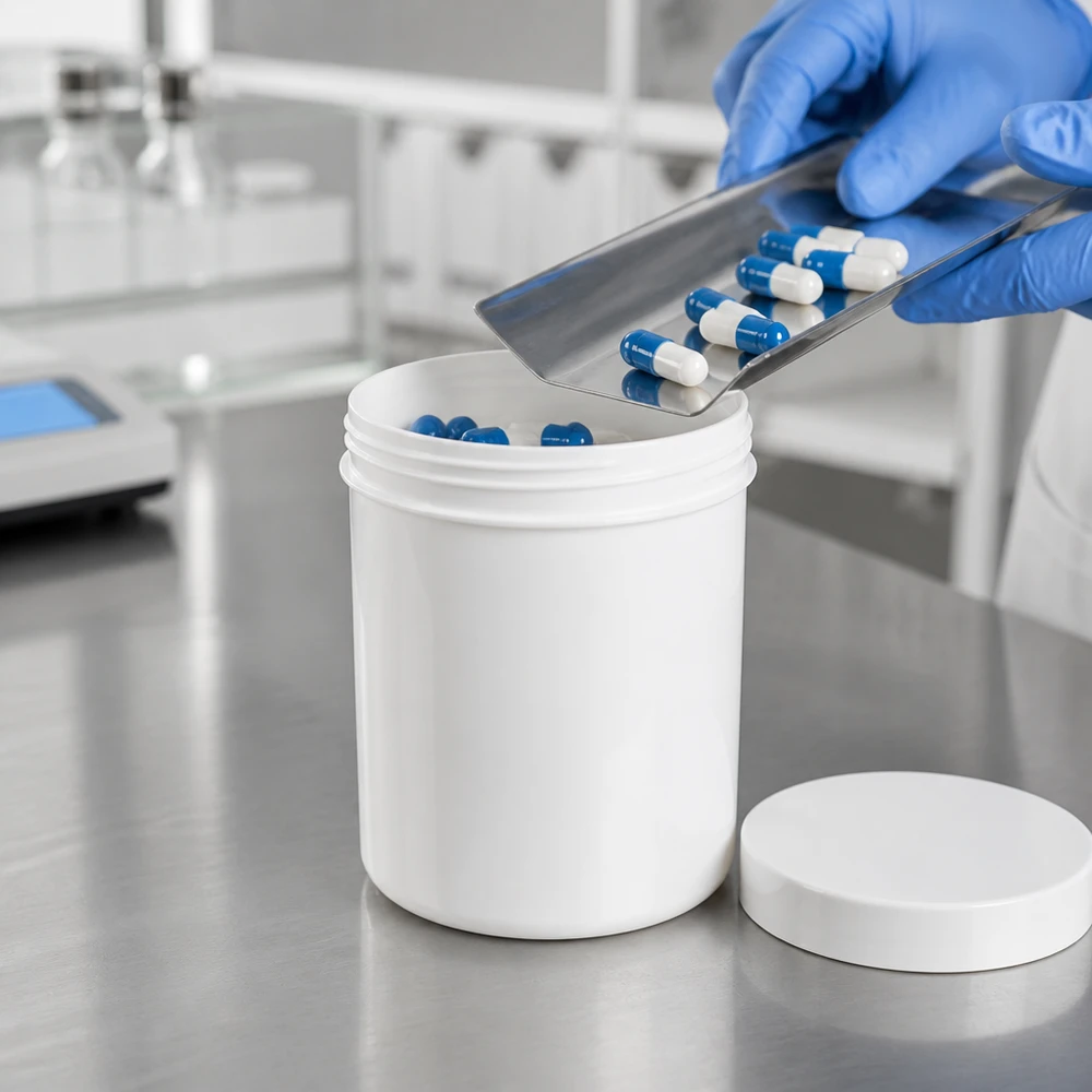 Salvburk 10g vit med vitt skruvlock (polypropylen) Blåvita kapslar fylls med hjälp av en spatel i rostfritt stål i vita PP-salvburkar à 10 g
