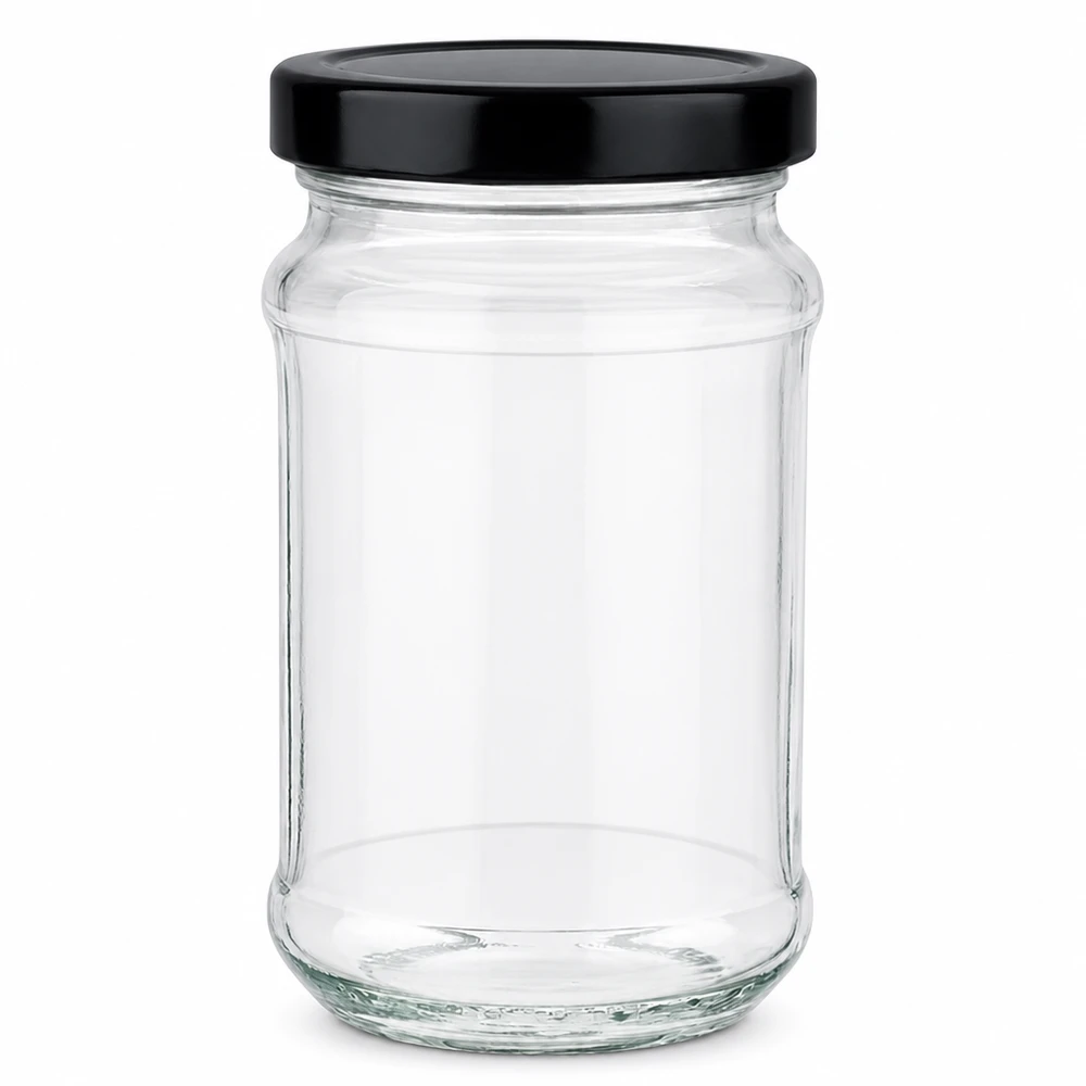390 ml rund burk med svart BasicSeal-lock UNiTWIST - tom förvaringsburk av glas med skruvlock