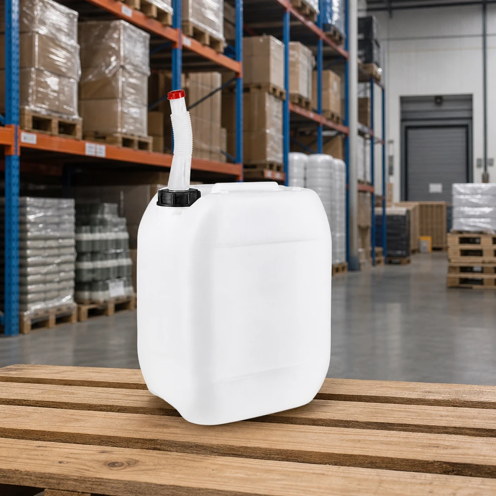 10 liter Dunk med Flex utloppsrör Rektangulär vit dunk på 10 liter med böjbart utloppsrör på träpall i lagret