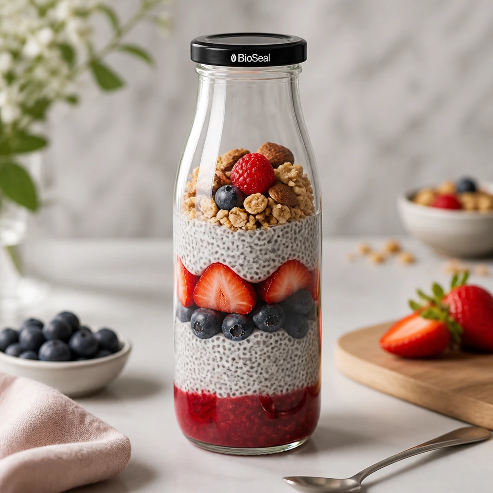 500 ml glasflaska + BioSeal-lock svart UNiTWIST 500 ml glasflaska fylld med chia pudding - bär, nötter och BioSeal-lock för hälsosamma måltider