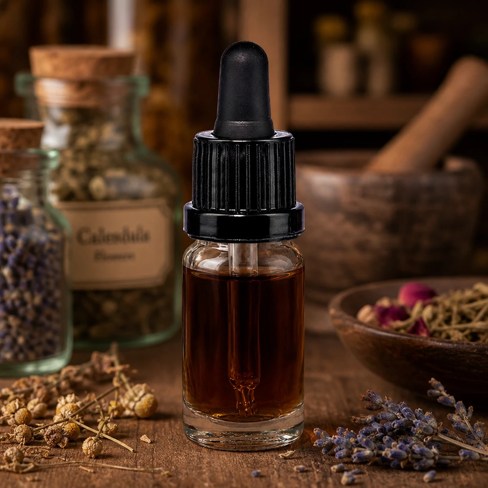10 ml pipettflaska svart med säkerhetsförslutning ClearLine UT18/10 Genomskinlig pipettflaska på 10 ml med svart pipett bredvid burkar med ringblomma och lavendel