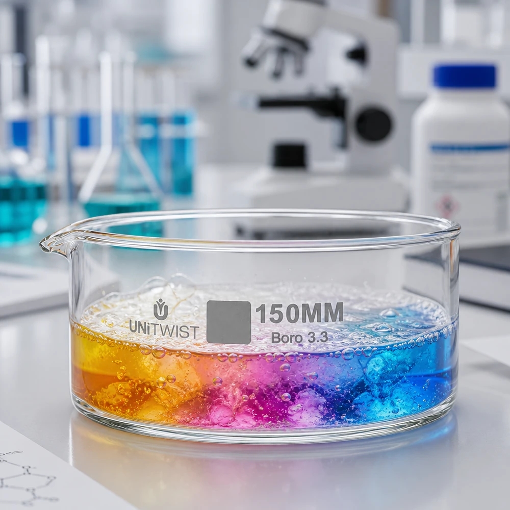 Kristallisationskärl ø150 mm, borosilikatglas UNiTWIST Kristallisationsskål 150 mm UNiTWIST Boro 3.3 med färgreaktion i gult, rosa och blått i laboratoriet
