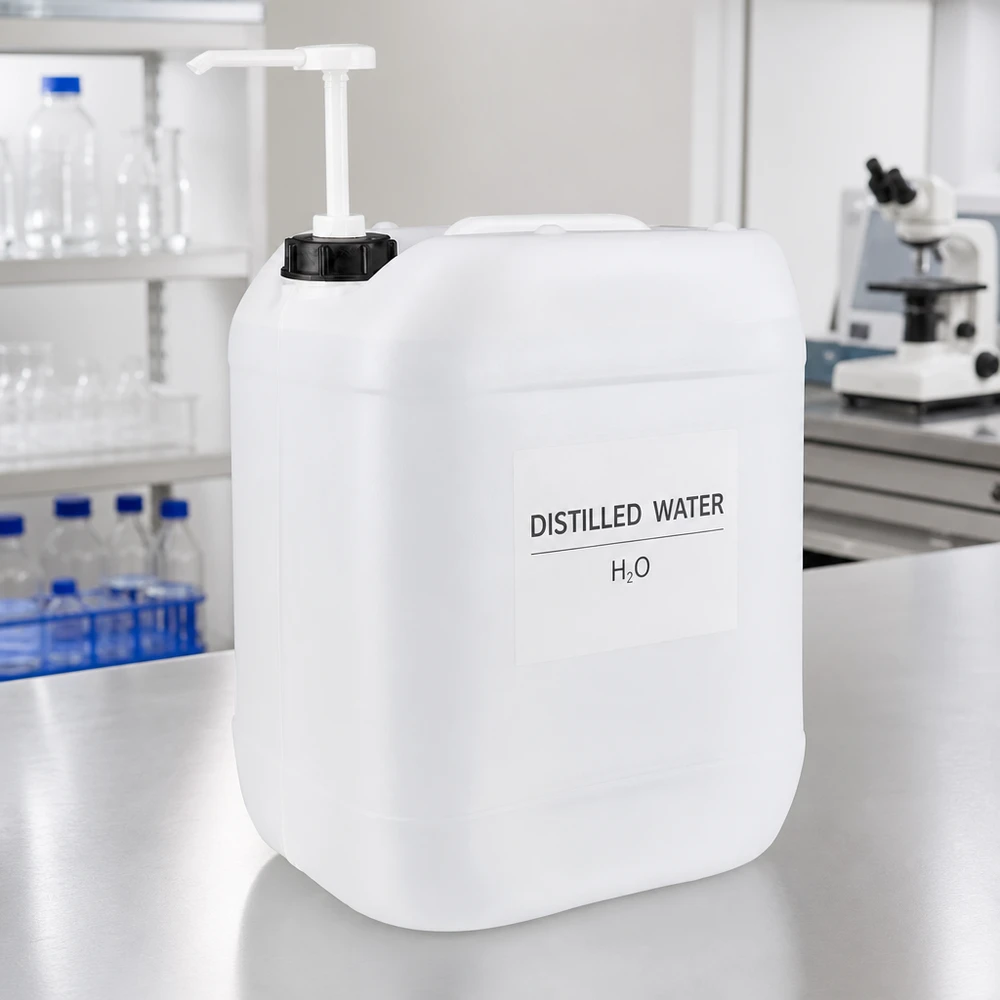 Dunk 20 liter med doseringspump 20-liters laboratoriekanister med pump, fylld med destillerat vatten (H₂O), på ett bord av rostfritt stål