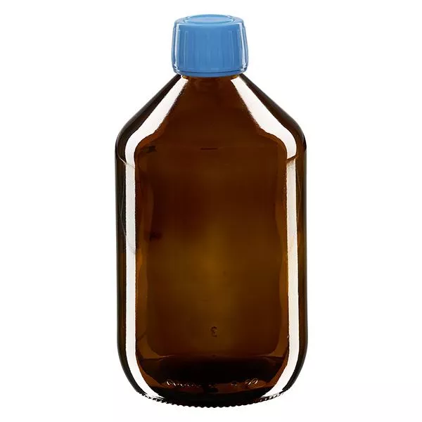 500 ml medicinflaska brun, blått lock med säkerhetsring ApoGlas 500 ml medicinflaska brun, blått lock med säkerhetsring ApoGlas
