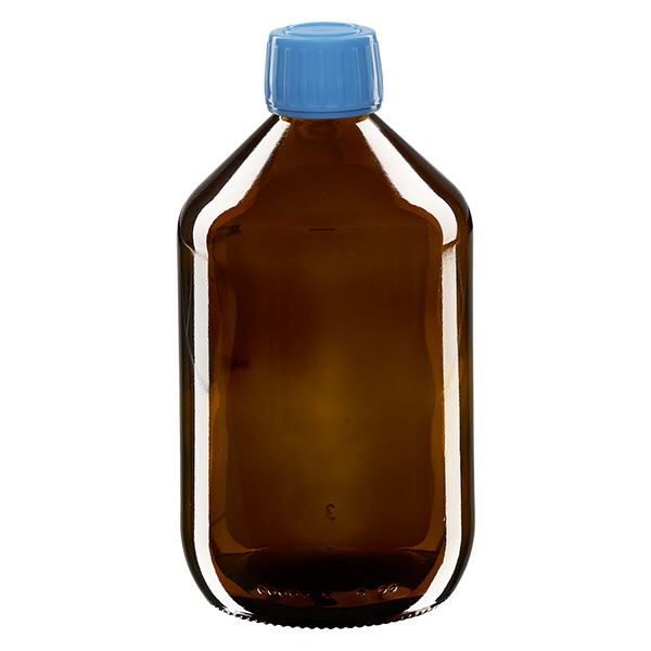 500 ml medicinflaska brun, blått lock med säkerhetsring ApoGlas 500 ml medicinflaska brun, blått lock med säkerhetsring ApoGlas