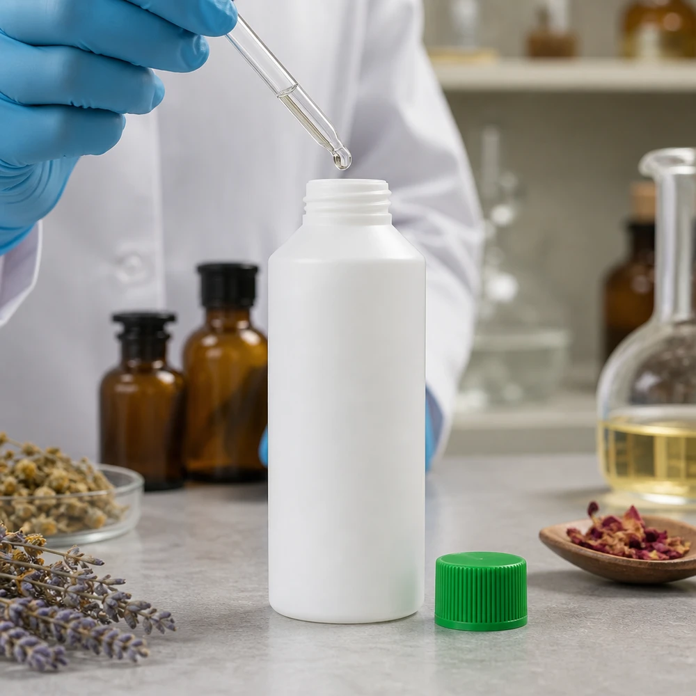 Vit HDPE-apotekflaska på 100 ml med grönt skruvlock i laboratoriemiljö